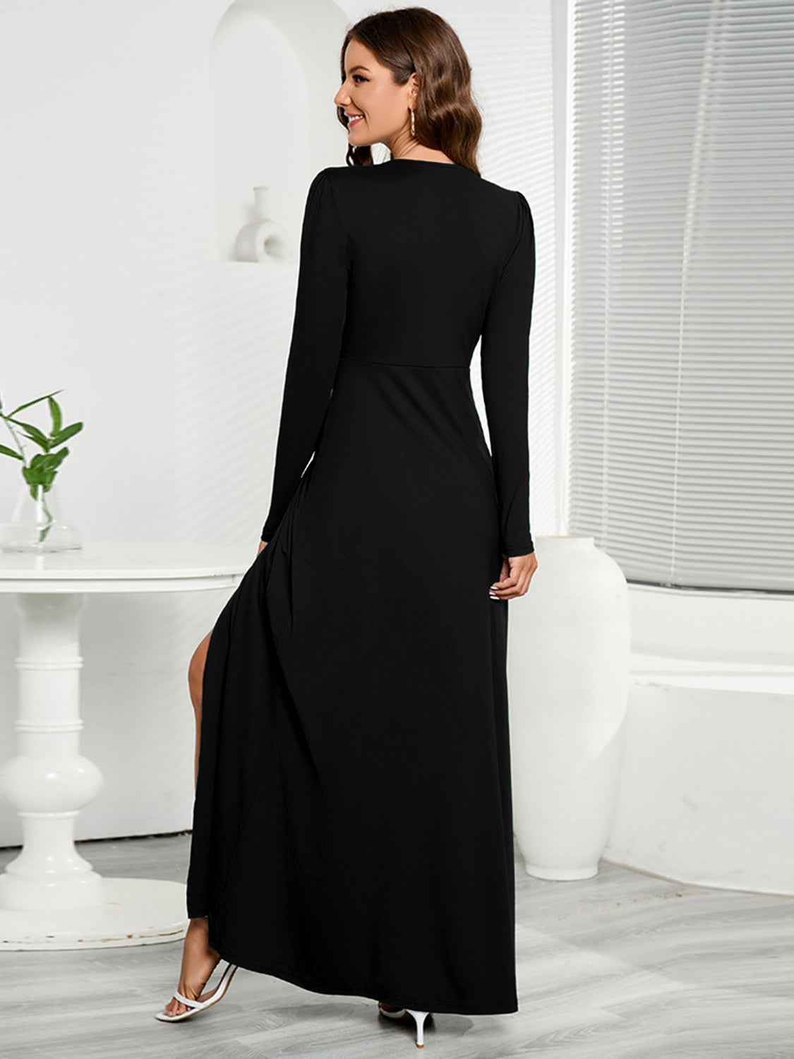 V-Neck Long Sleeve Split Dress - Luxe4Everyday Green / S Dress