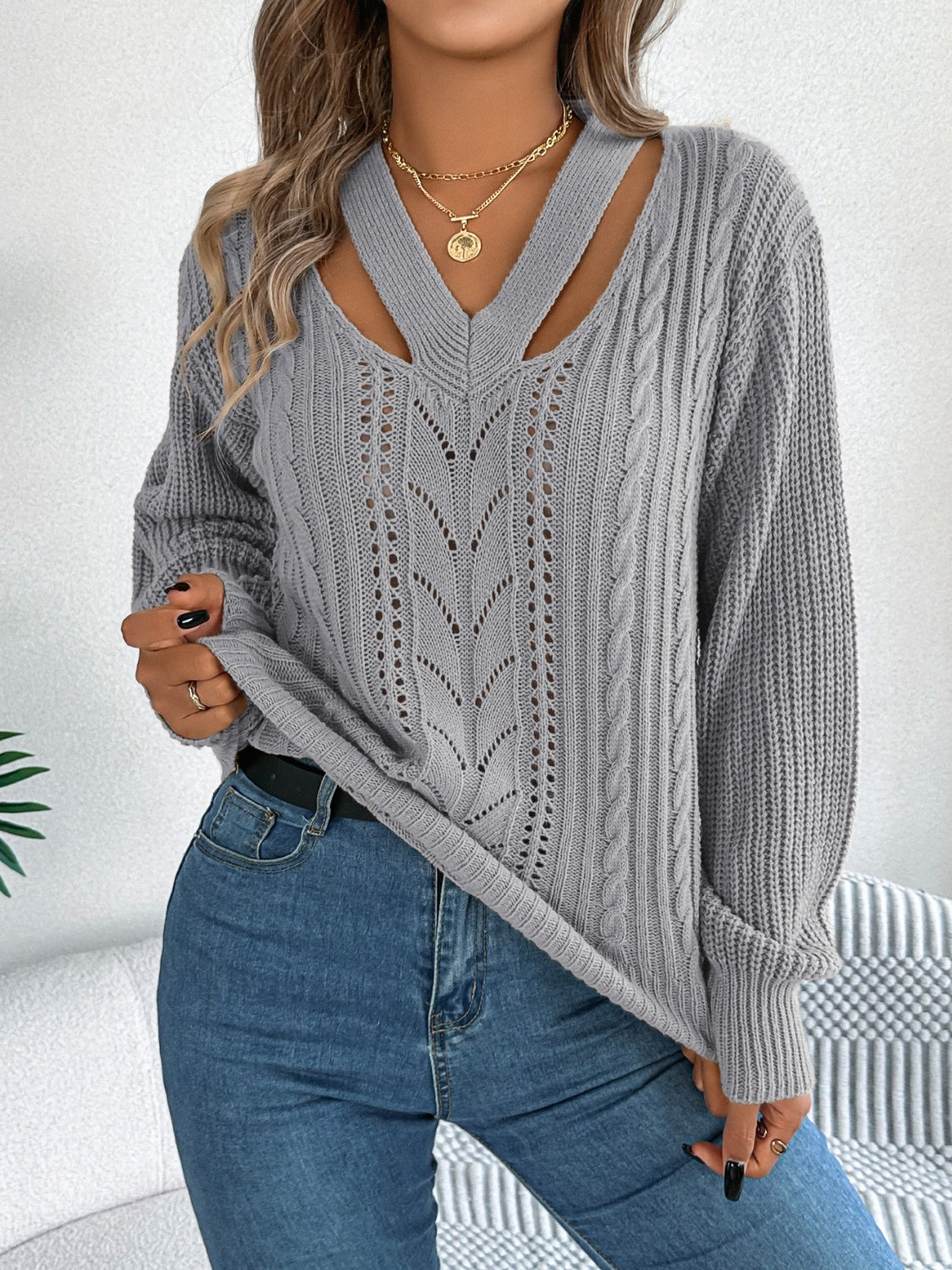 Cutout V-Neck Long Sleeve Sweater - Luxe4Everyday Gray / S Sweater