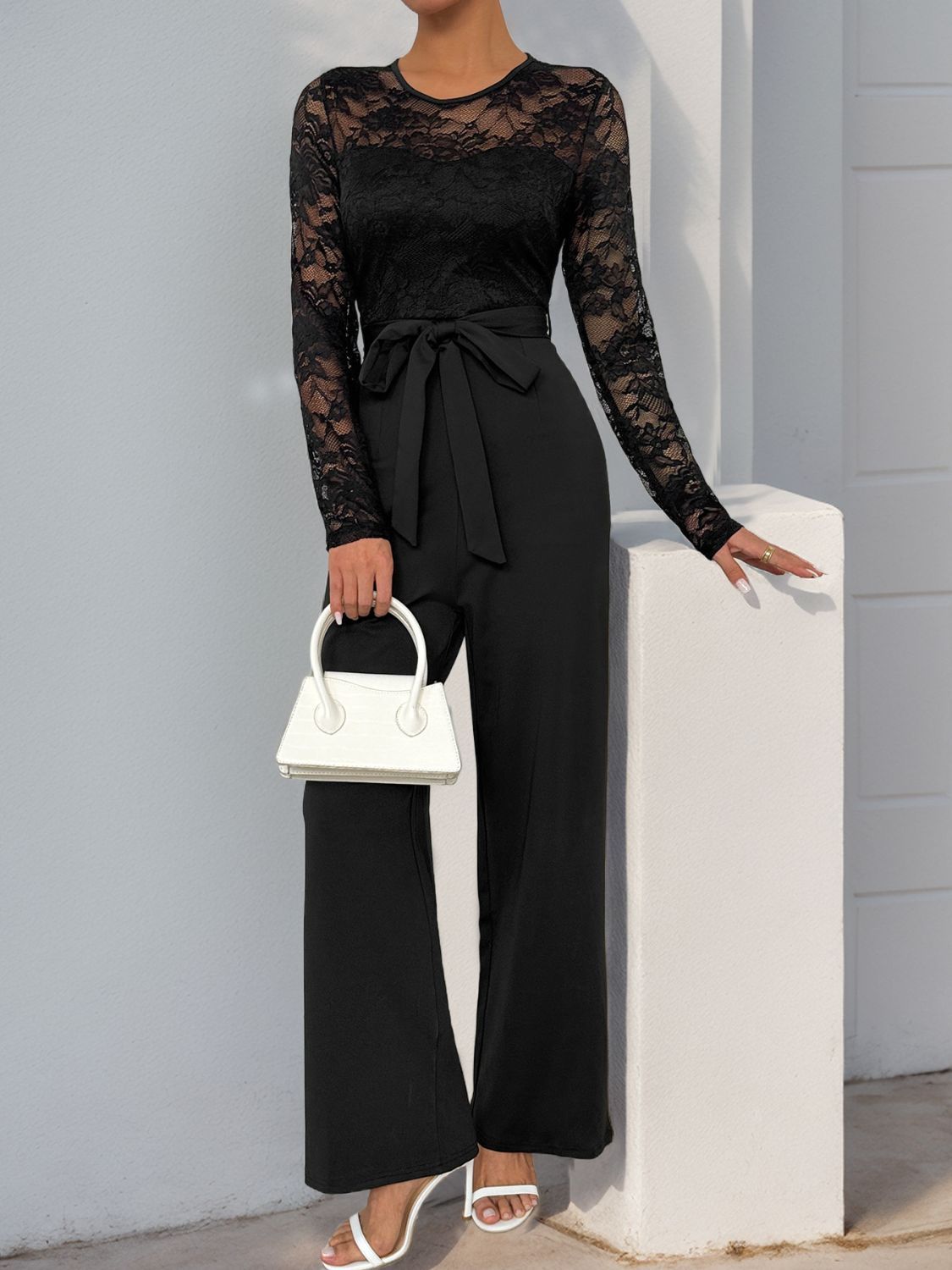 Perfee Lace Round Neck Long Sleeve Jumpsuit - Luxe4Everyday Black / S Jumpsuit