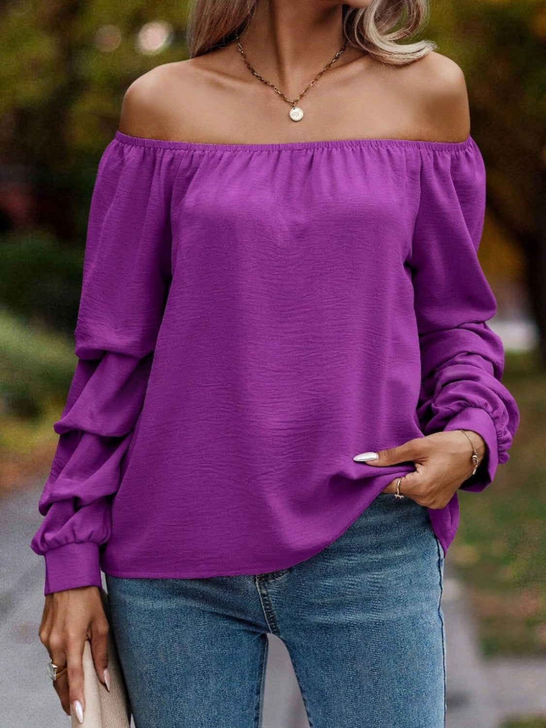 Ruched Off-Shoulder Long Sleeve Blouse - Luxe4Everyday Shirt