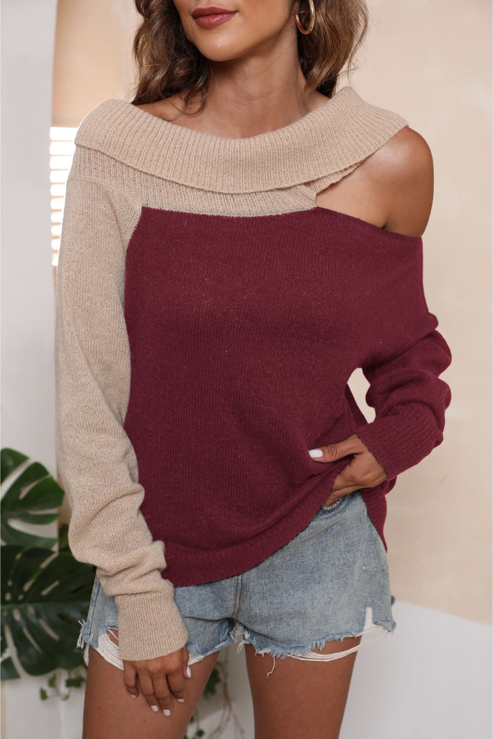 Asymmetrical Long Sleeve Two-Tone Cutout Sweater - Luxe4Everyday Sweater