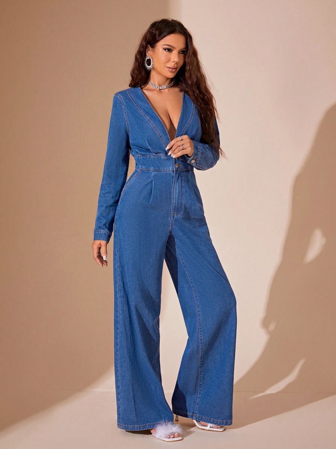 Plunge Long Sleeve Wide Leg Denim Jumpsuit - Luxe4Everyday Medium / XS Jumpsuit