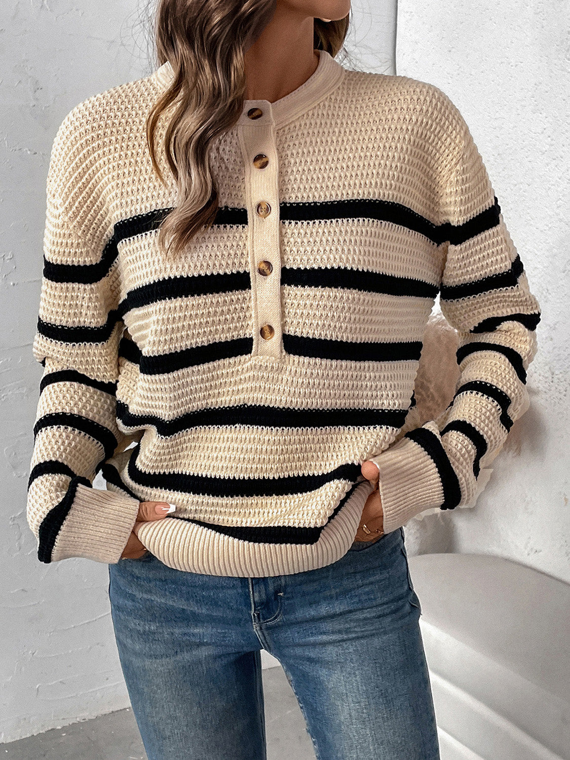 Perfee Striped Half Button Long Sleeve Sweater - Luxe4Everyday Sweater