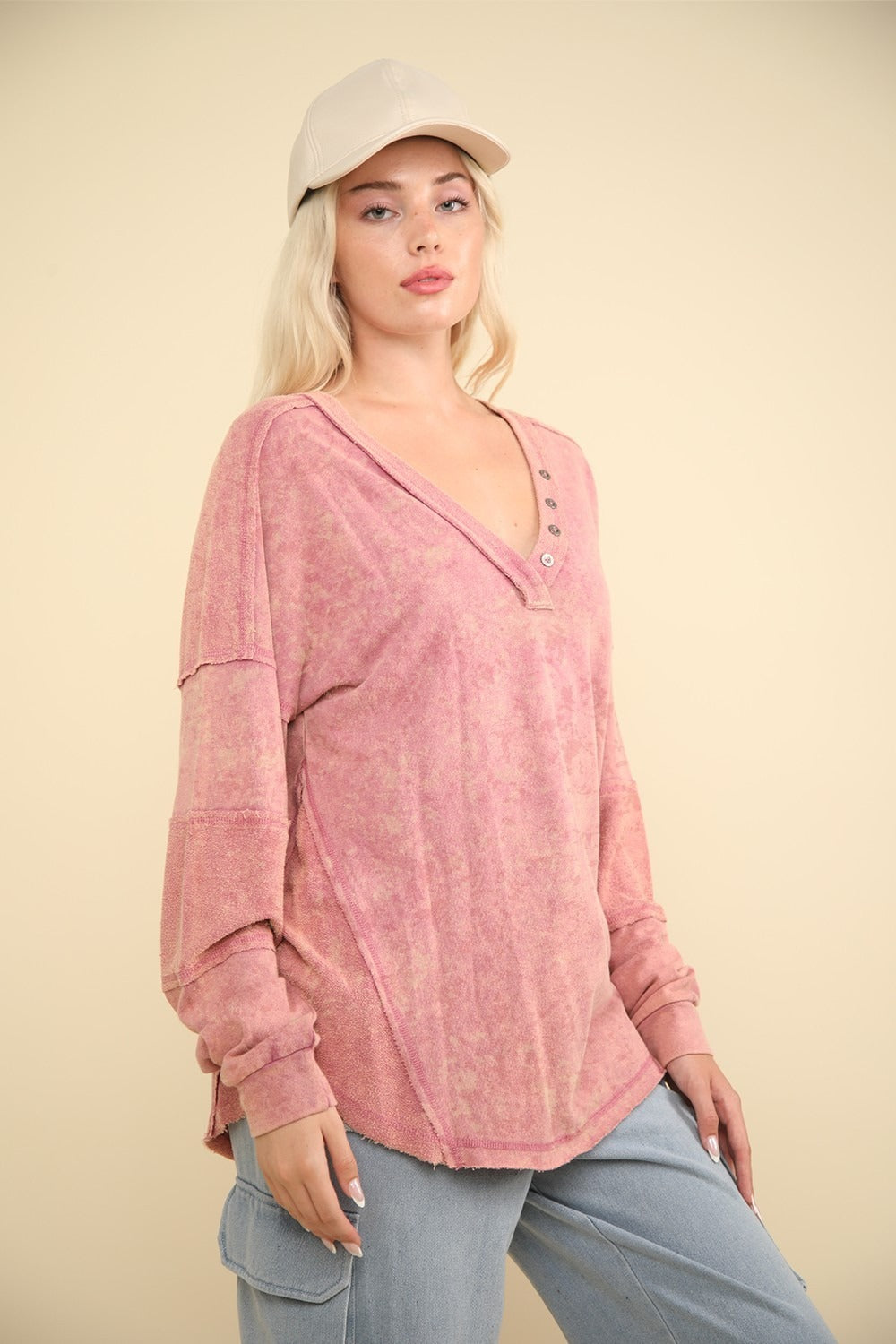 VERY J Washed V-Neck Exposed Seam Knit Top - Luxe4Everyday Mauve / S Shirt