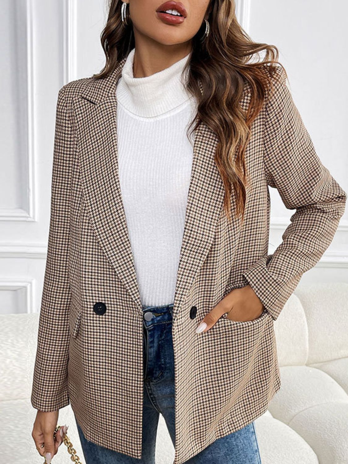 Perfee Plaid Lapel Collar Long Sleeve Blazer - Luxe4Everyday Camel / S Blazer