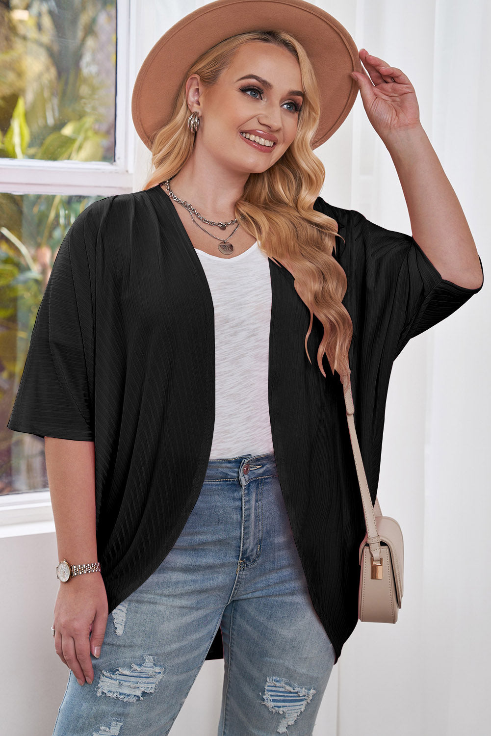 Plus Size Ribbed Cocoon Cover Up - Luxe4Everyday Black / 1XL Cardigan