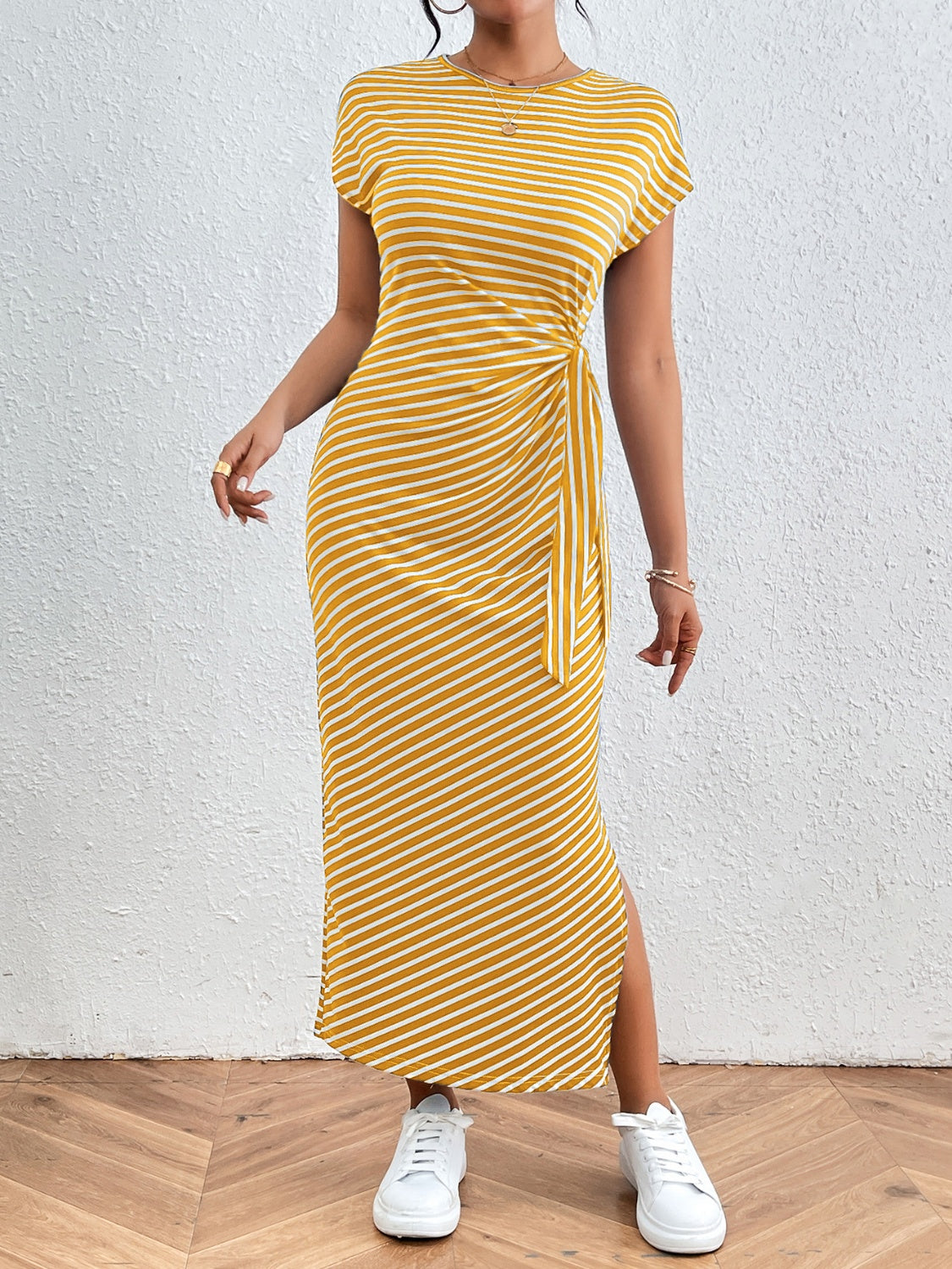 Honey Tied Striped Round Neck Short Sleeve Tee Dress - Luxe4Everyday Dress