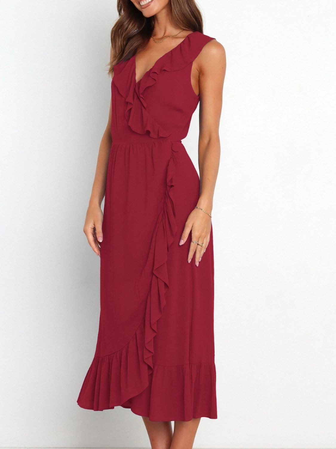 Ruffled Surplice Sleeveless Midi Dress - Luxe4Everyday Dress