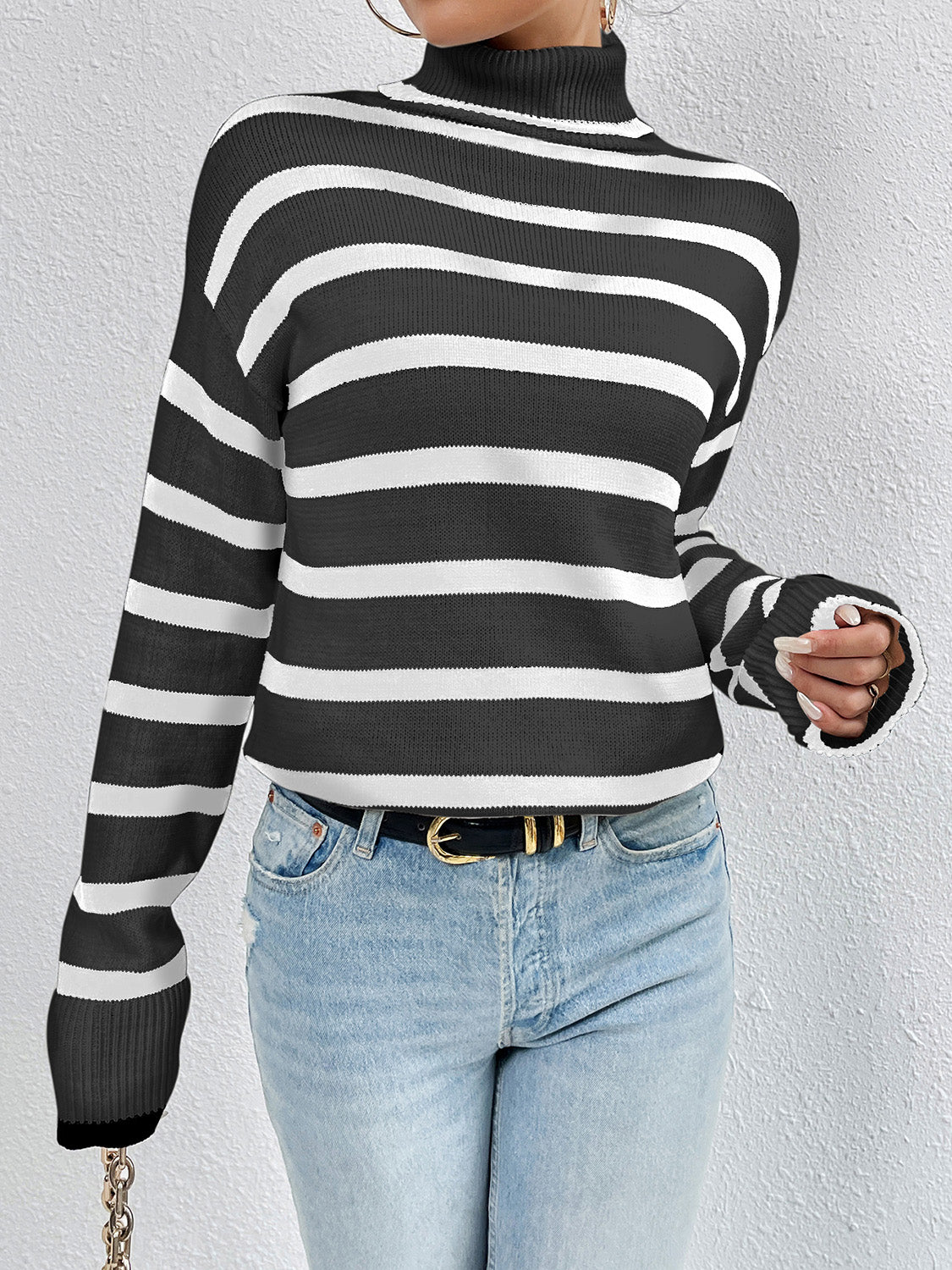 Striped Turtleneck Long Sleeve Sweater - Luxe4Everyday Black / S Sweater