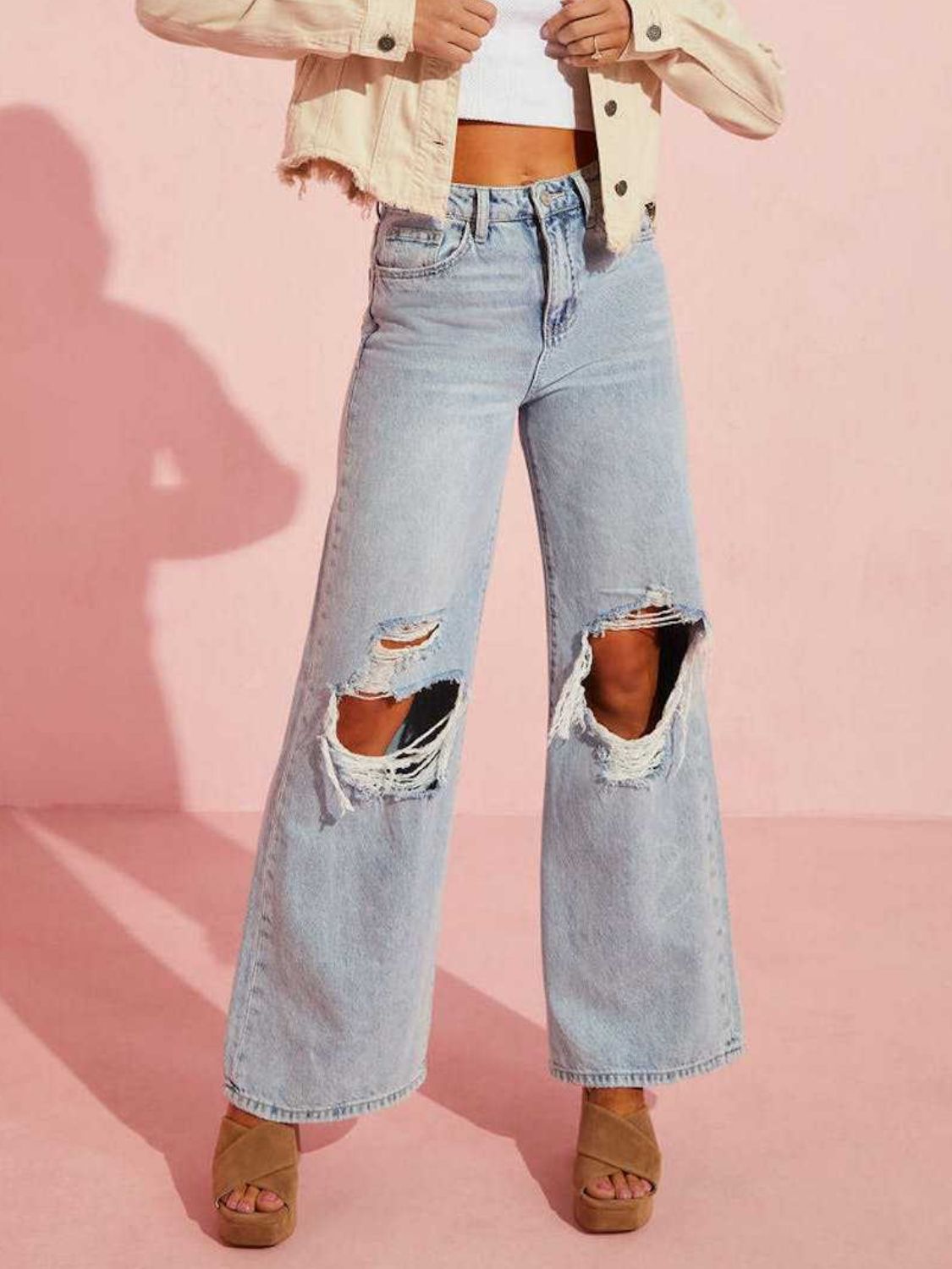 Distressed Wide Leg Jeans with Pockets - Luxe4Everyday Jeans