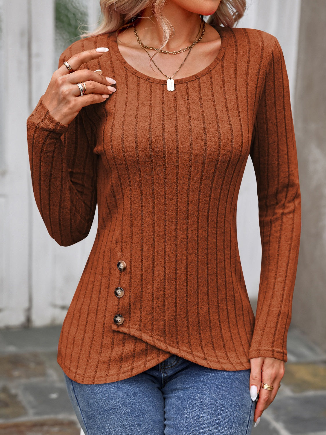 Decorative Button Round Neck Long Sleeve T-Shirt - Luxe4Everyday Caramel / S shirt