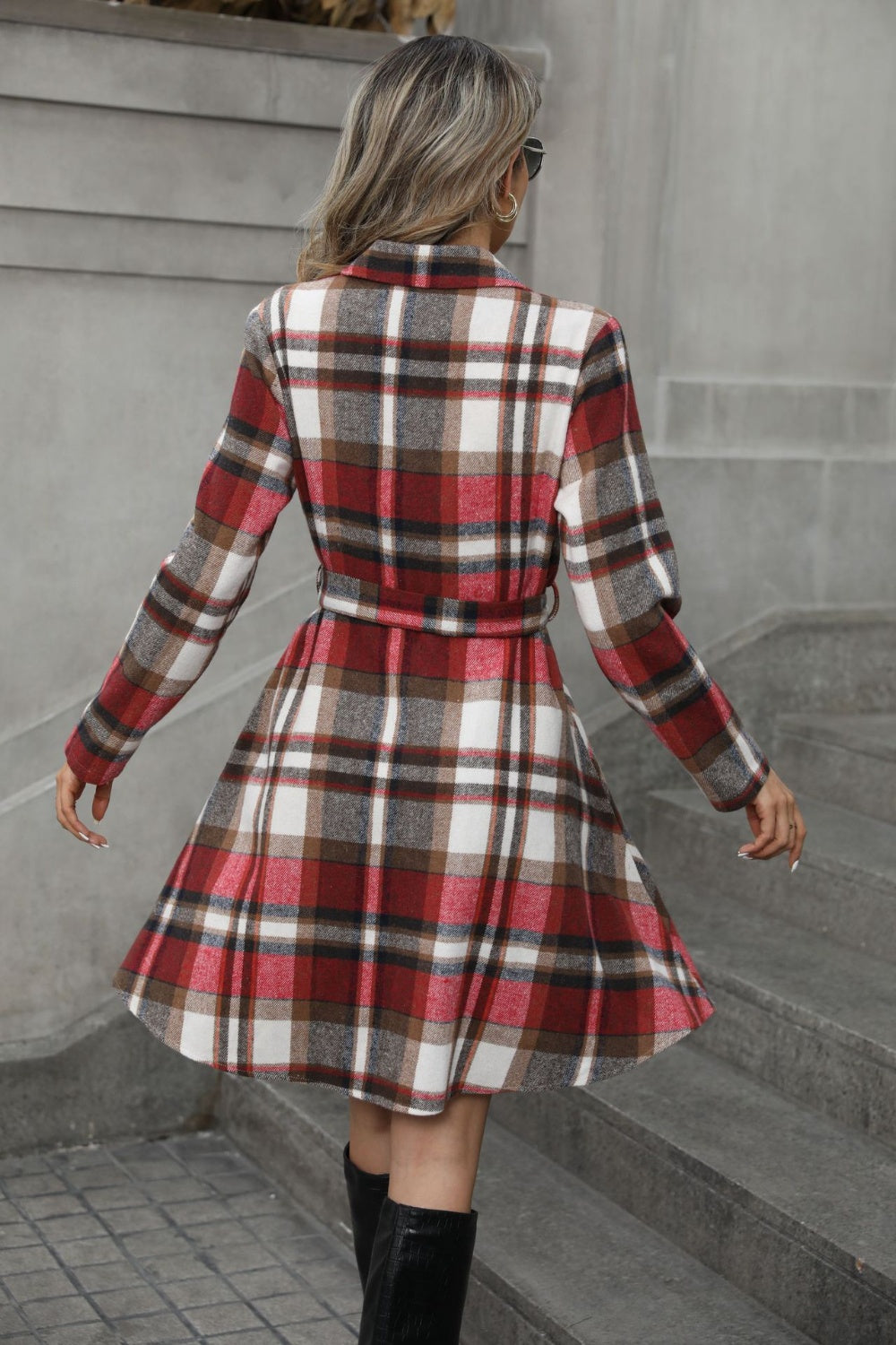 Plaid Tie Waist Long Sleeve Outerwear - Luxe4Everyday Coat