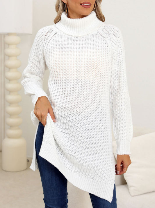 Slit Turtleneck Long Sleeve Sweater - Luxe4Everyday White / S Sweater