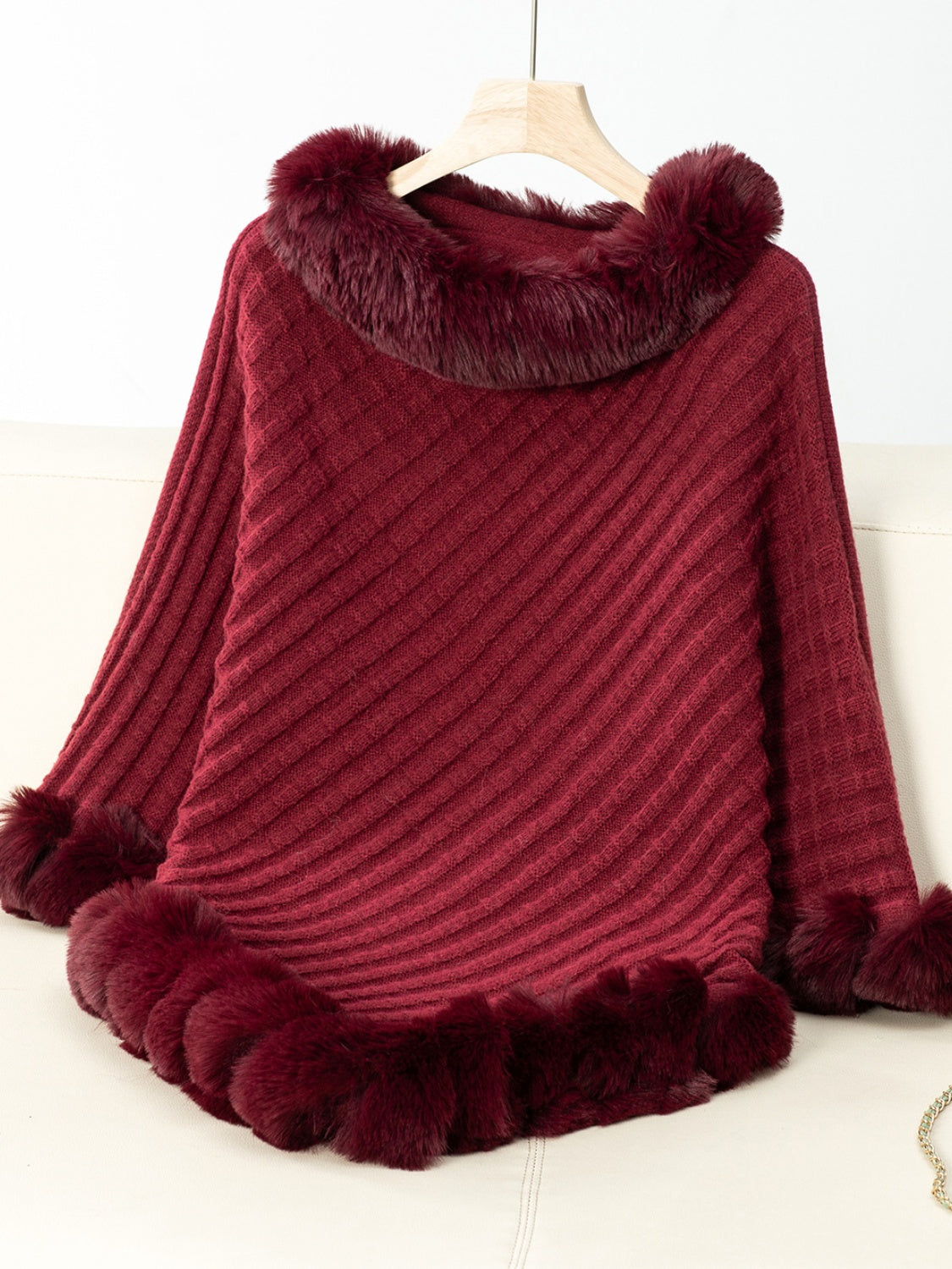 Fuzzy Trim Texture Three-Quarter Sleeve Poncho - Luxe4Everyday Burgundy / One Size Jacket