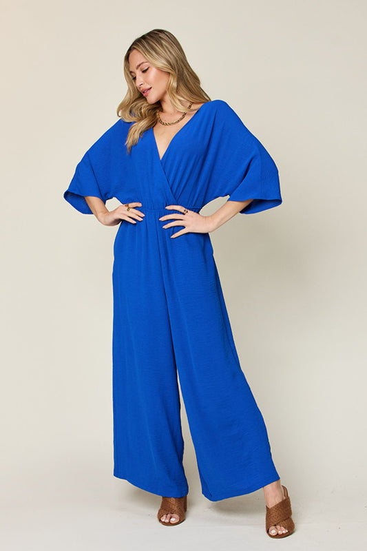 Double Take Full Size Surplice Wide Leg Jumpsuit with Pockets - Luxe4Everyday Royal Blue / S Jumpsuit