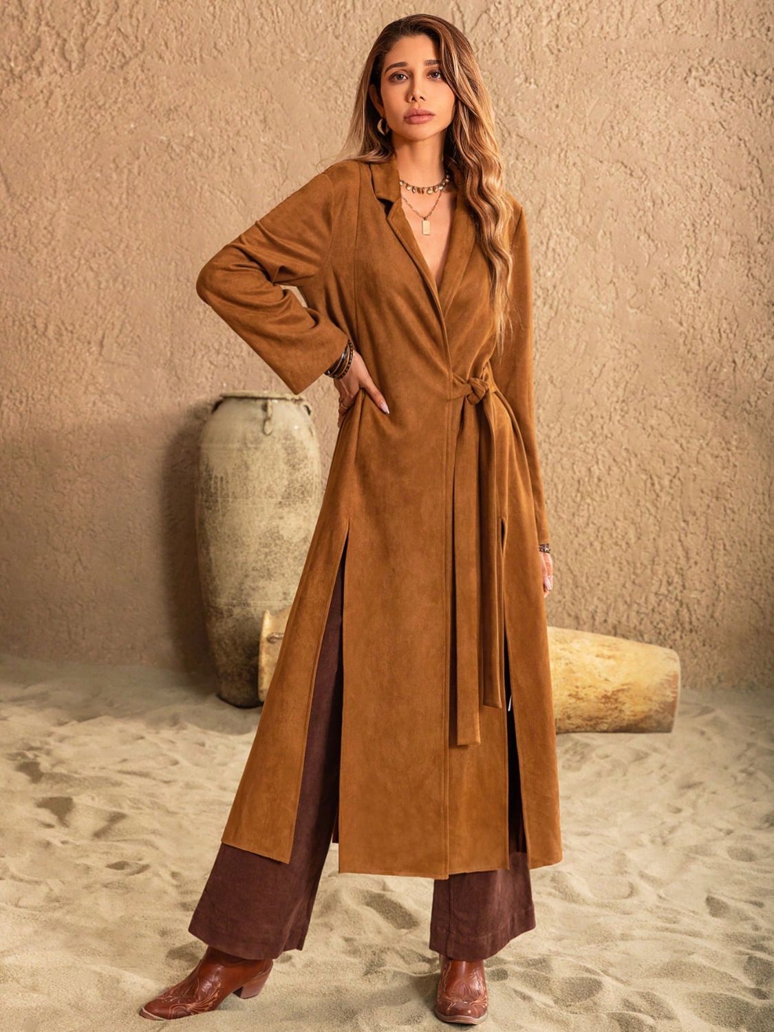 Slit Tied Collared Neck Longline Coat - Luxe4Everyday Caramel / S Coat