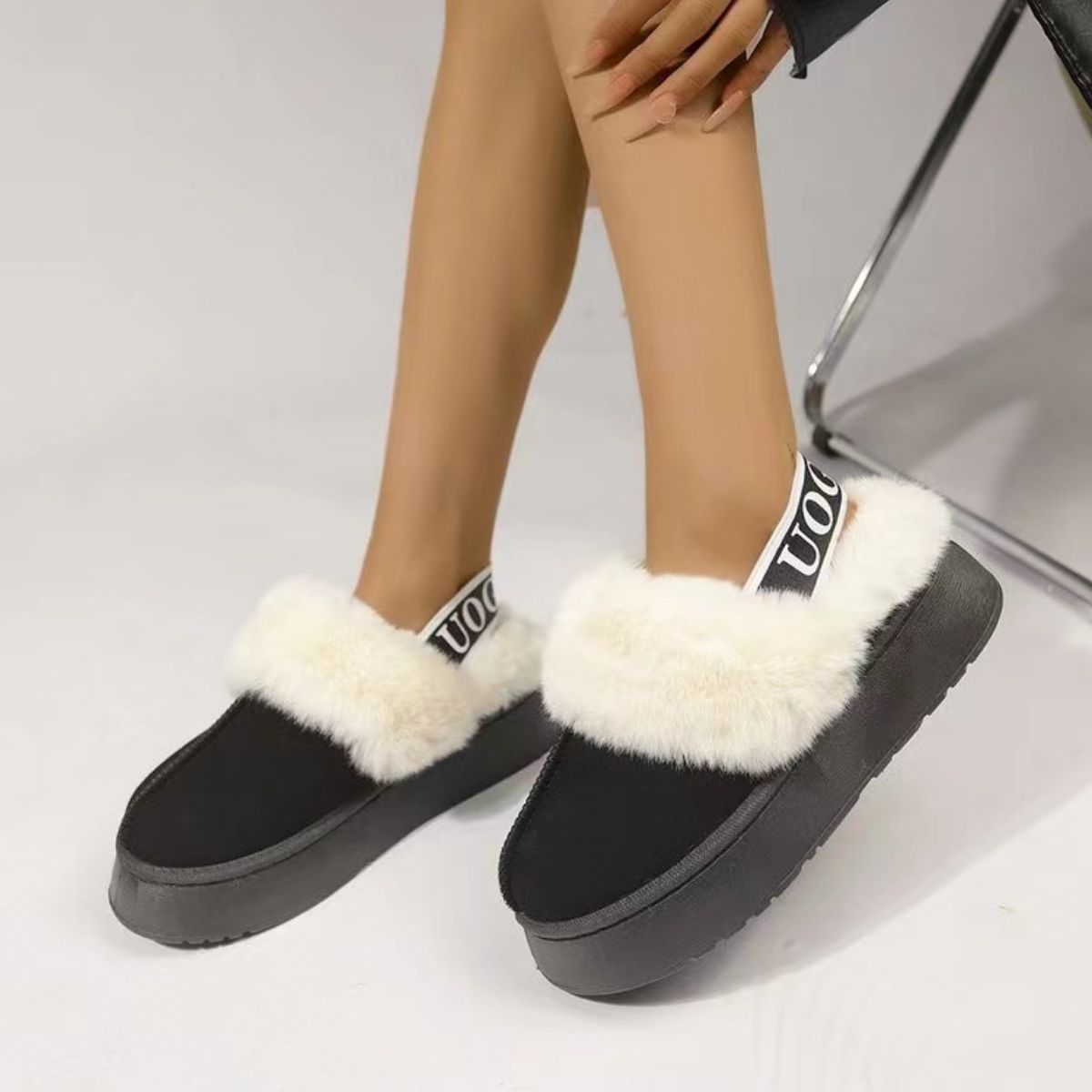 Plush Platform Slippers with Letter Strap - Luxe4Everyday Black / 36(US5) shoes