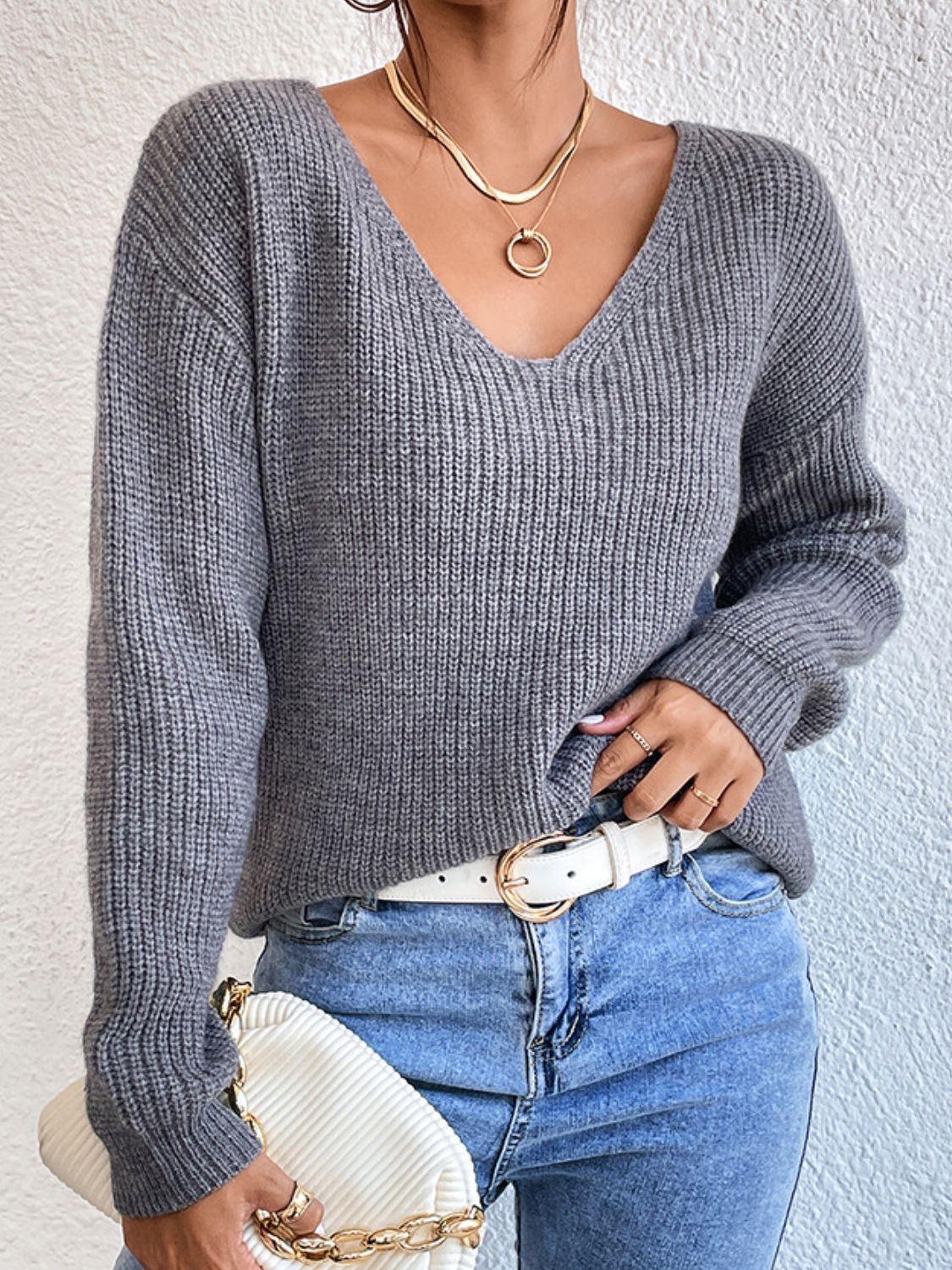 Crisscross V-Neck Long Sleeve Sweater - Luxe4Everyday Sweater