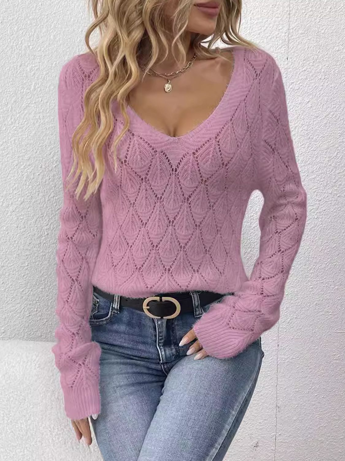 Openwork V-Neck Long Sleeve Sweater - Luxe4Everyday Pink Purple / One Size Sweater