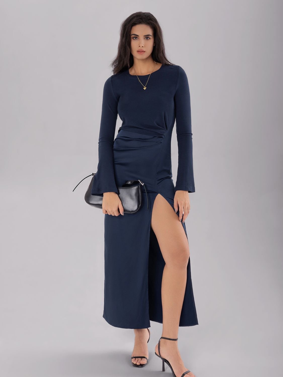 Split Round Neck Long Sleeve Midi Dress - Luxe4Everyday Dark Navy / S Dress