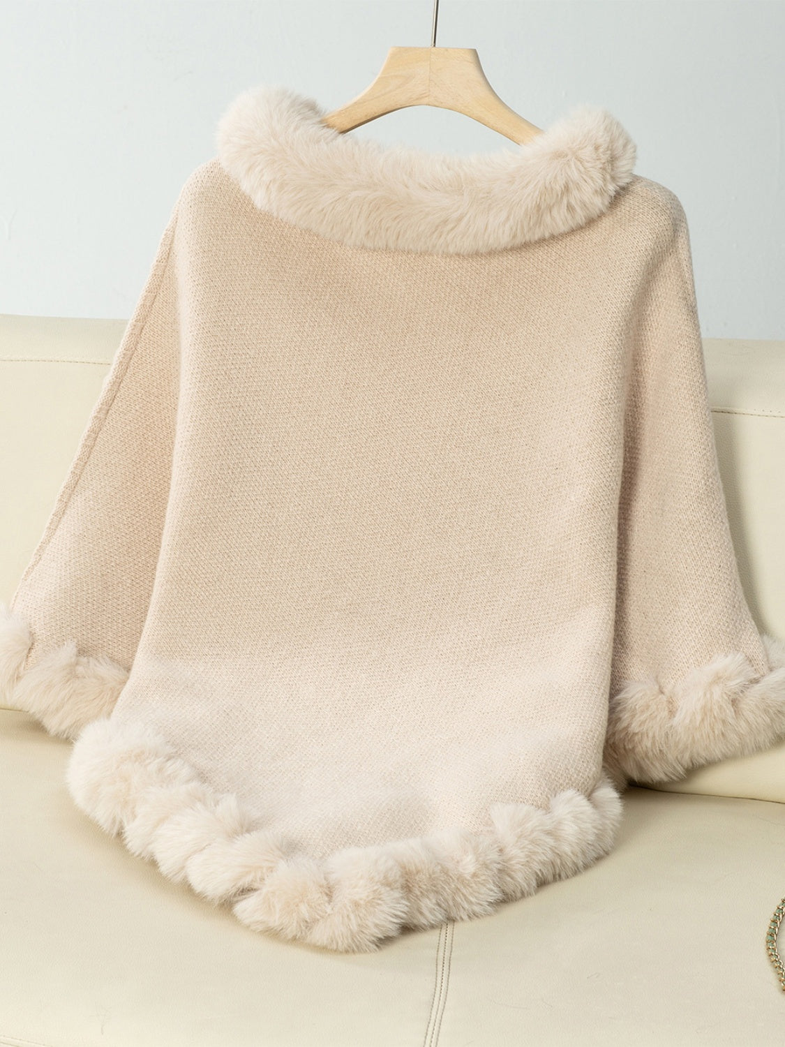 Fuzzy Trim Texture Three-Quarter Sleeve Poncho - Luxe4Everyday Beige / One Size Jacket