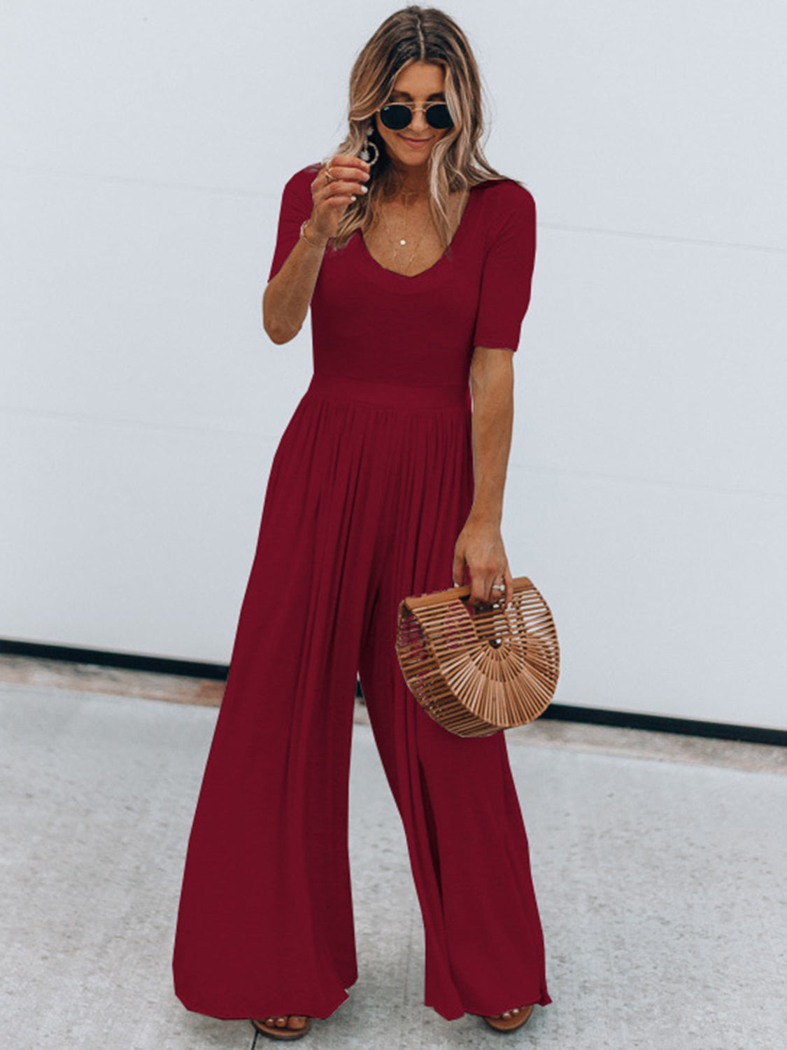 Scoop Neck Short Sleeve Jumpsuit - Luxe4Everyday Burgundy / S Jumpsuit