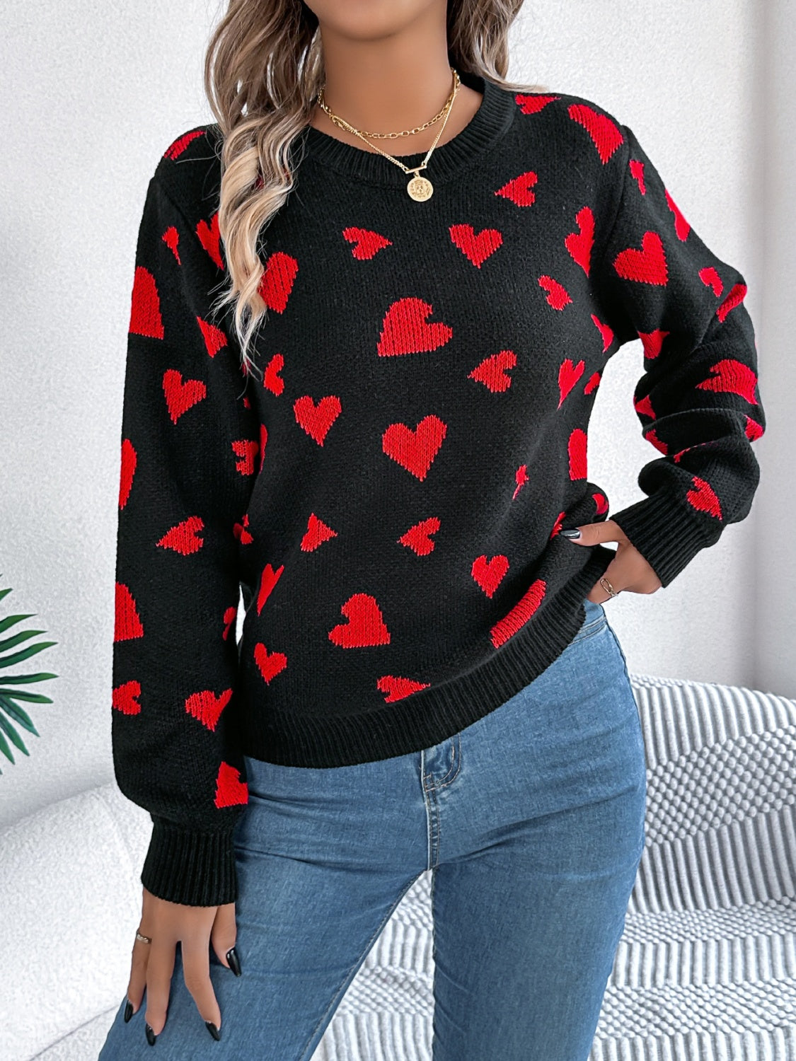 Heart Round Neck Long Sleeve Sweater - Luxe4Everyday Black / S Sweater