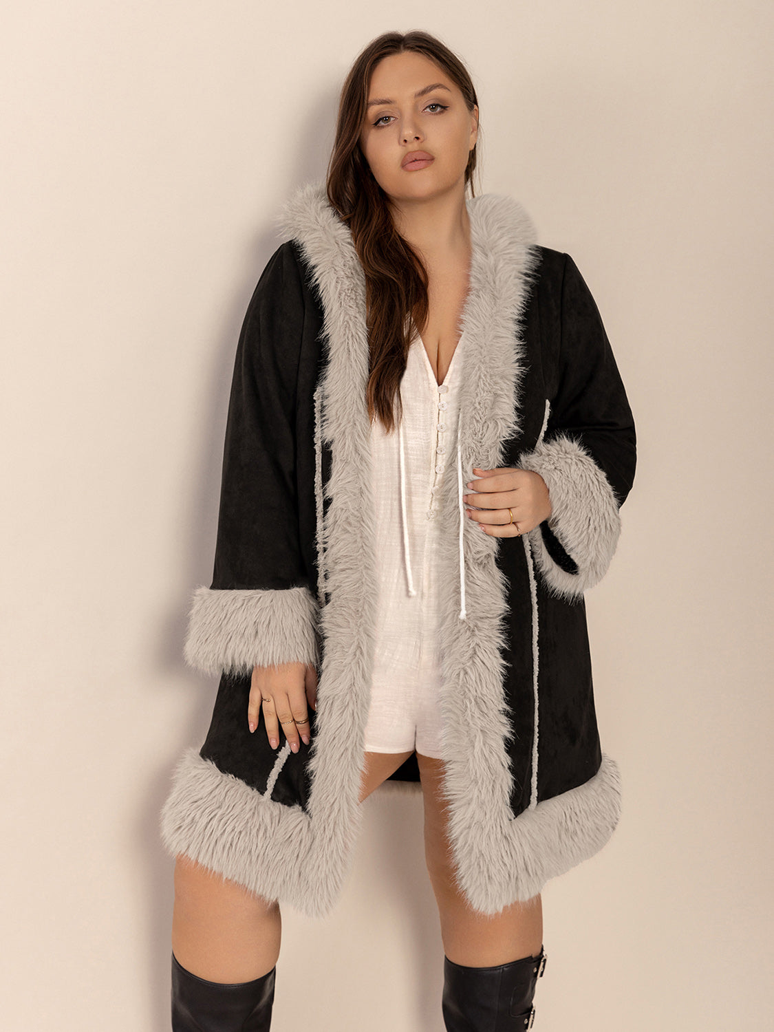 Plus Size Fuzzy Trim Open Front Long Sleeve Hooded Coat - Luxe4Everyday Black / 0XL Coat