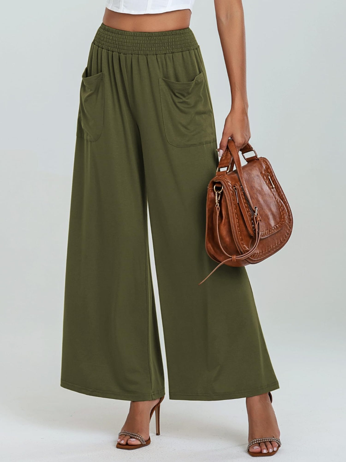 Pocketed Elastic Waist Wide Leg Pants - Luxe4Everyday Moss / S Pants