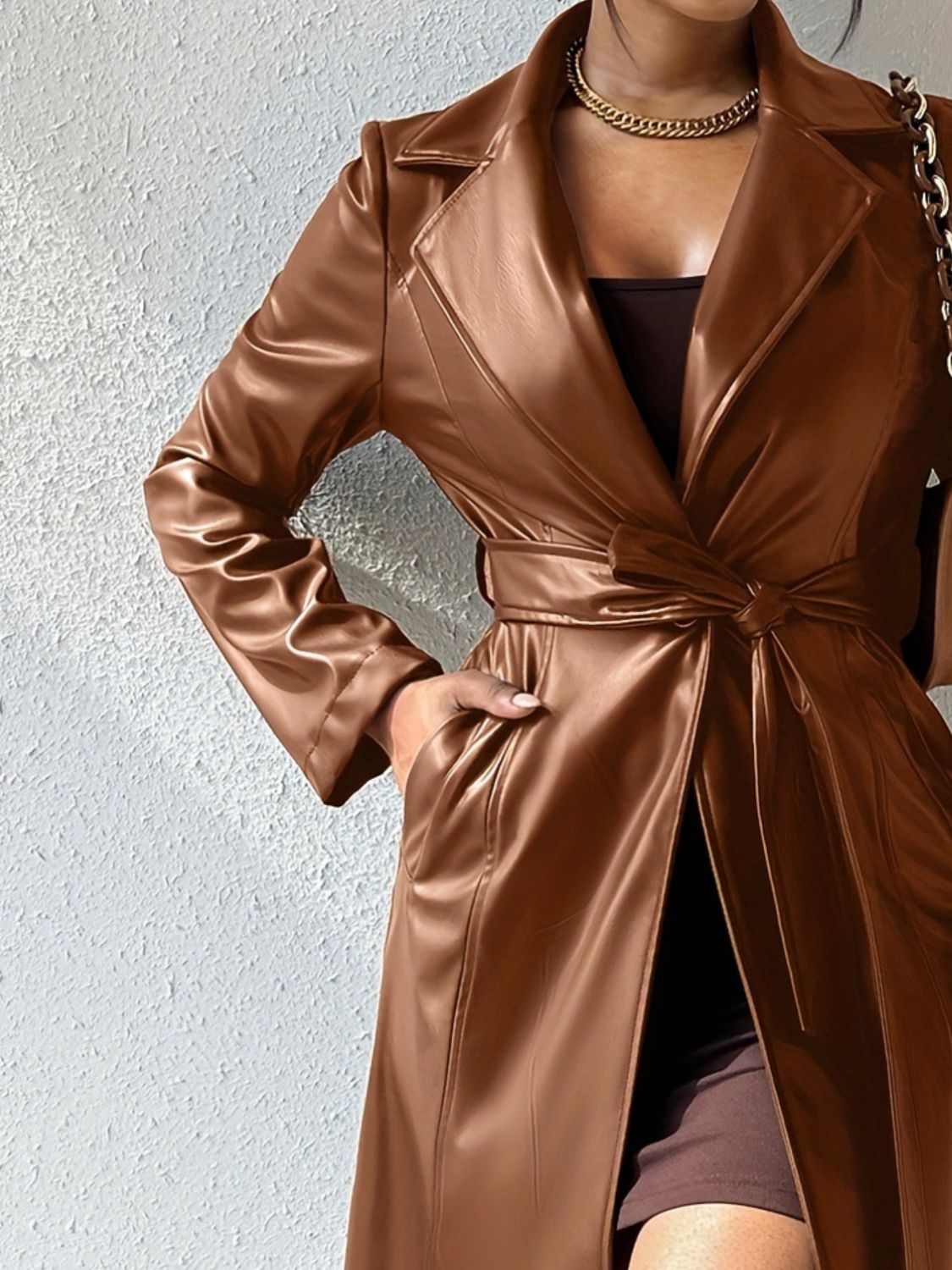 Tied PU Leather Long Sleeve Trench Coat - Luxe4Everyday Black / S Coat