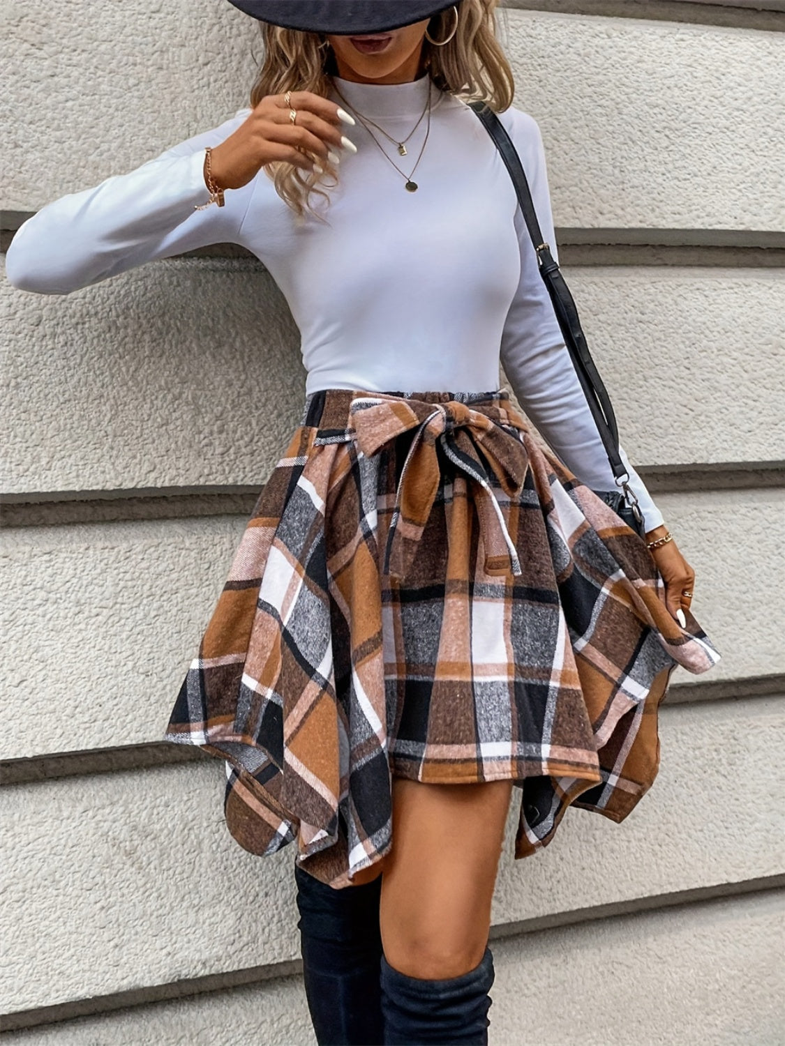 Tied Plaid Asymmetrical Hem Skirt - Luxe4Everyday Caramel / S Skirts