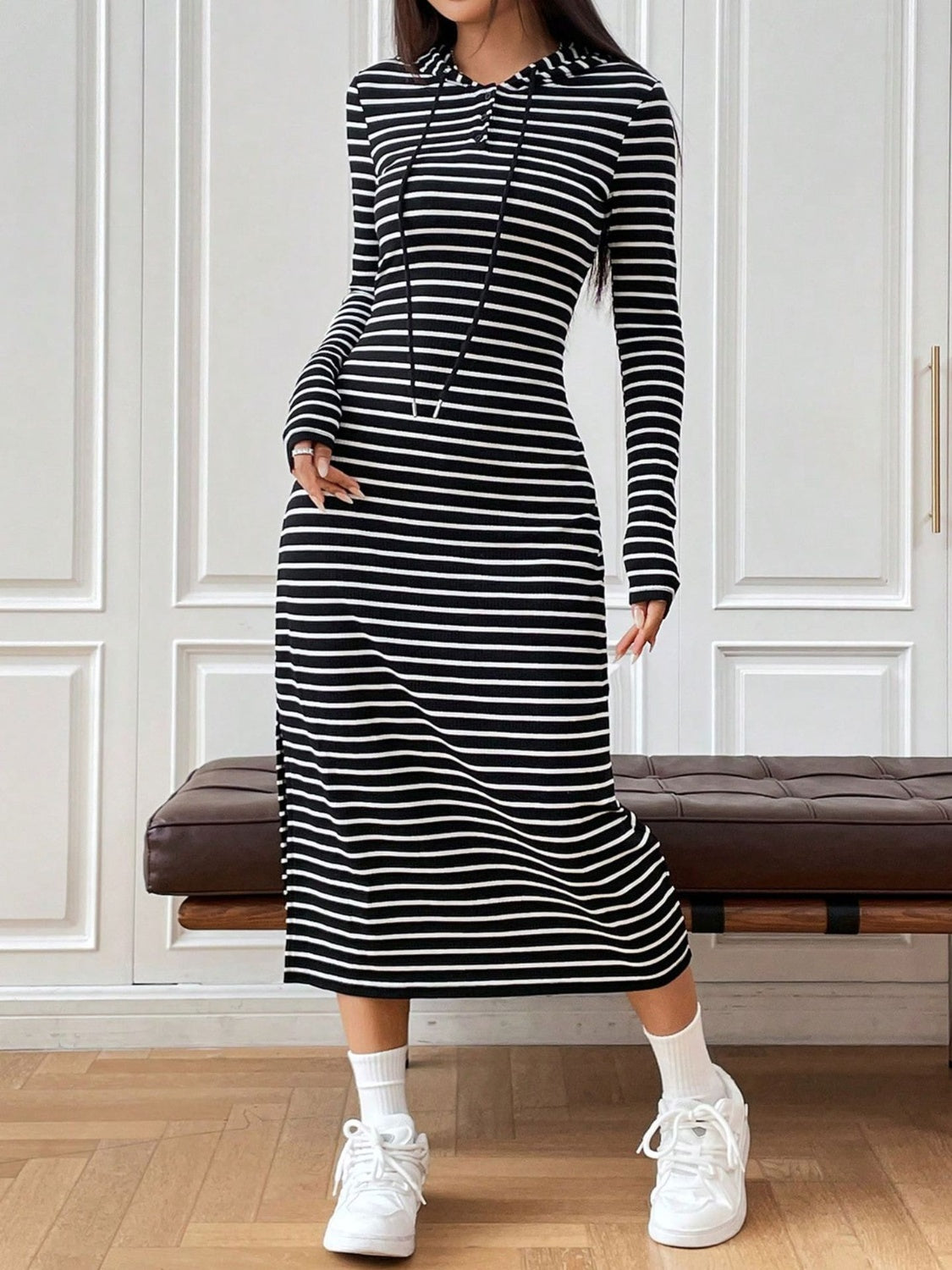 Drawstring Striped Long Sleeve Hooded Dress - Luxe4Everyday Black / S Dress