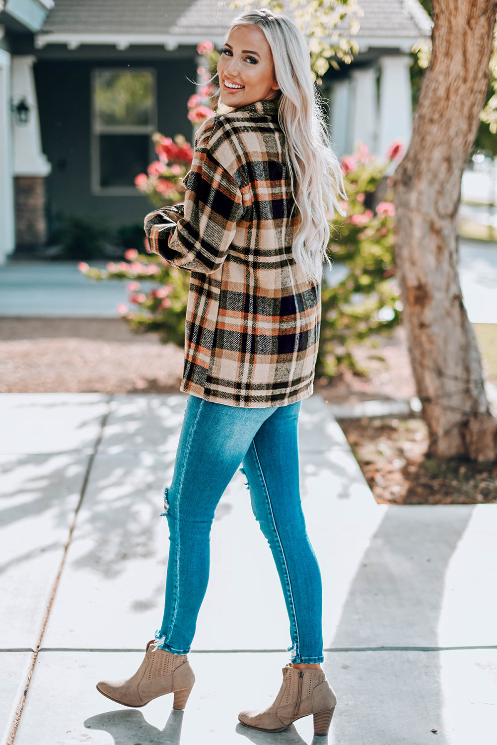 Plaid Button Front Shirt Jacket with Breast Pockets - Luxe4Everyday Blue / S Jacket