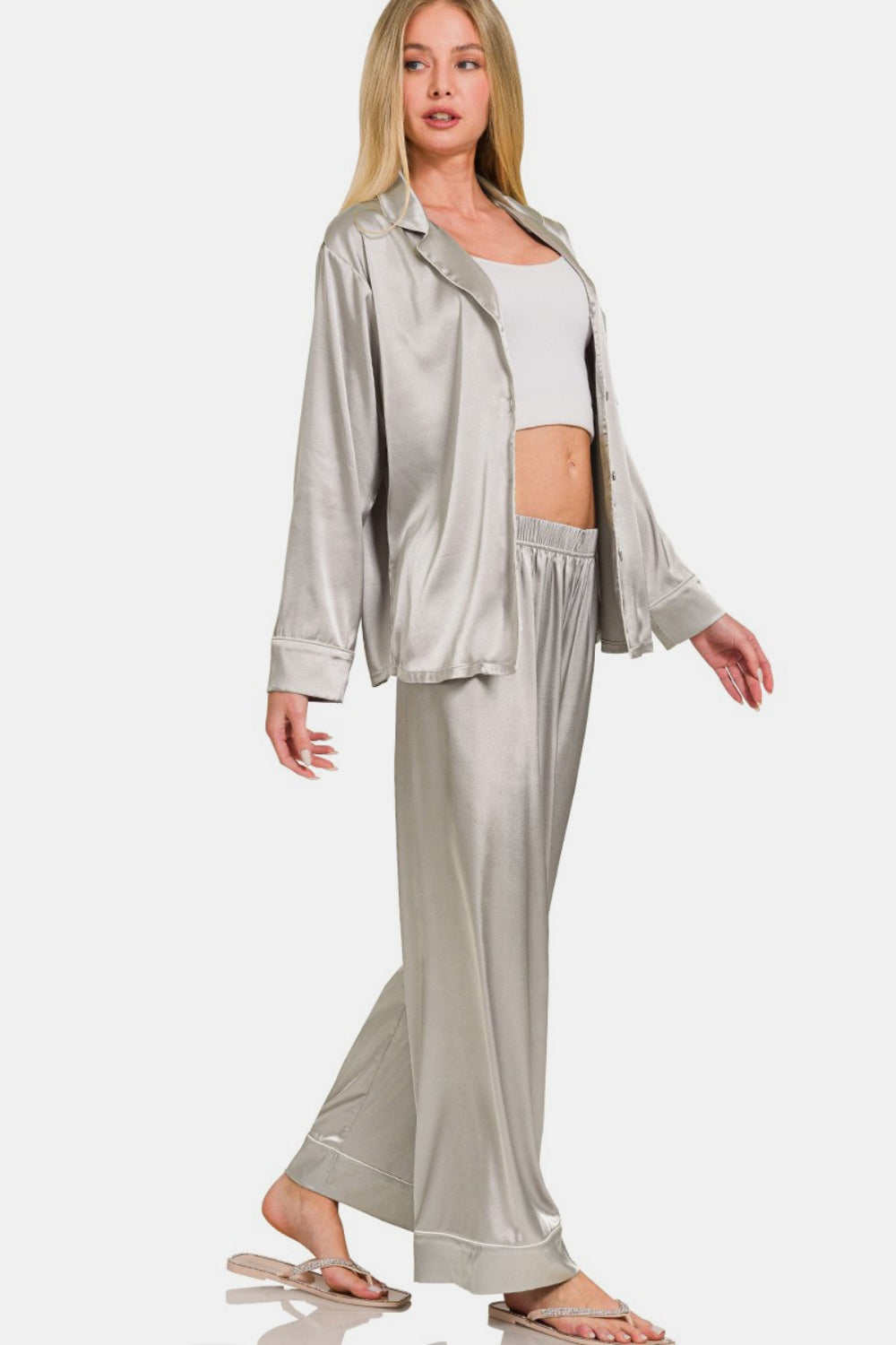 Zenana Satin Long Sleeve Shirt and Pants Pajama Set - Luxe4Everyday Silver / S Lounge wear