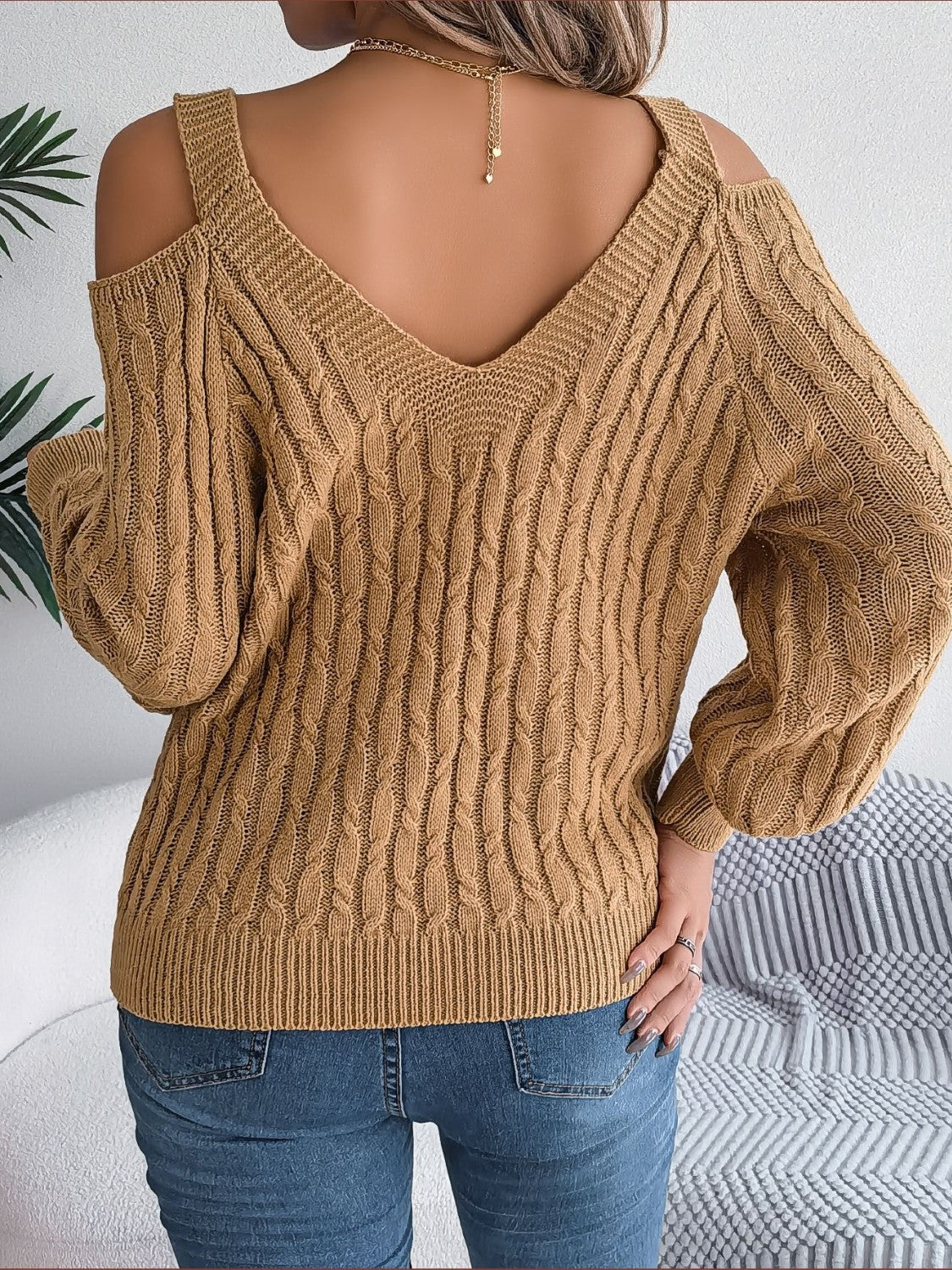 Cable-Knit Cold Shoulder Long Sleeve Sweater - Luxe4Everyday Sweater