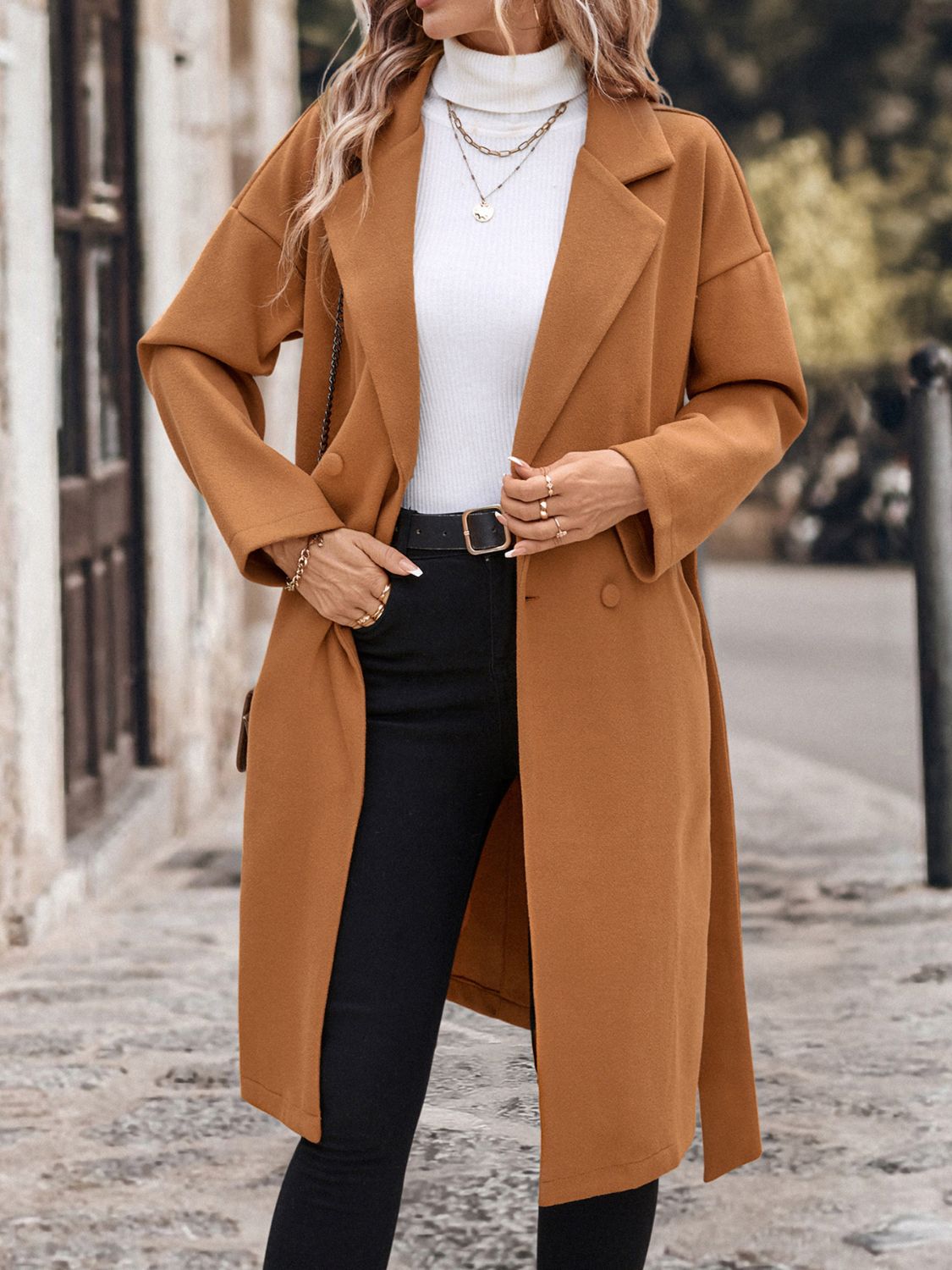 Perfee Dropped Shoulder Tie Waist Coat - Luxe4Everyday Coat