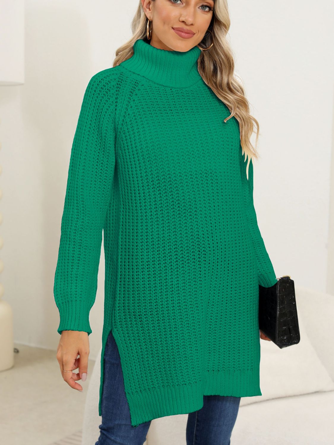 Slit Turtleneck Long Sleeve Sweater - Luxe4Everyday Dark Green / S Sweater