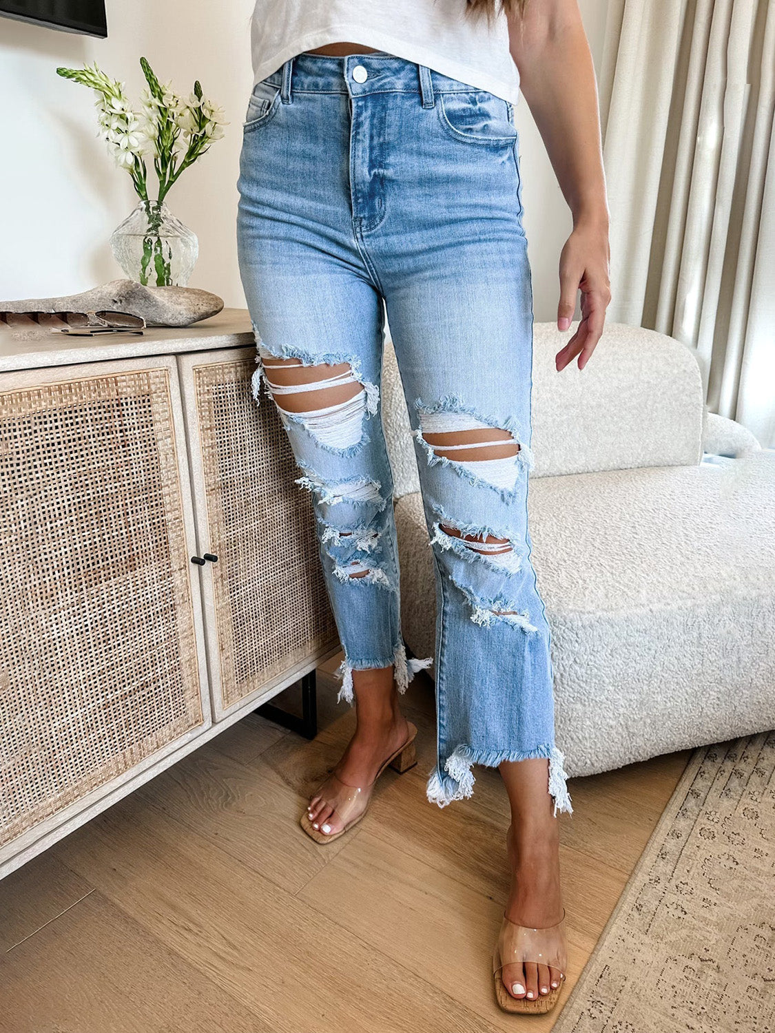 Distressed Raw Hem Jeans with Pockets - Luxe4Everyday Jeans