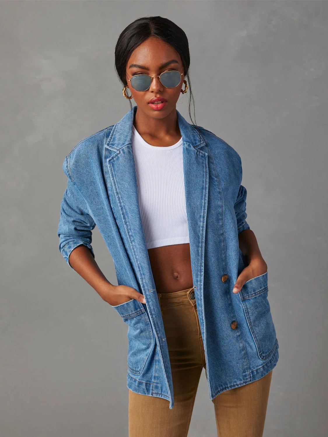 Collared Neck Long Sleeve Denim Jacket - Luxe4Everyday Jacket