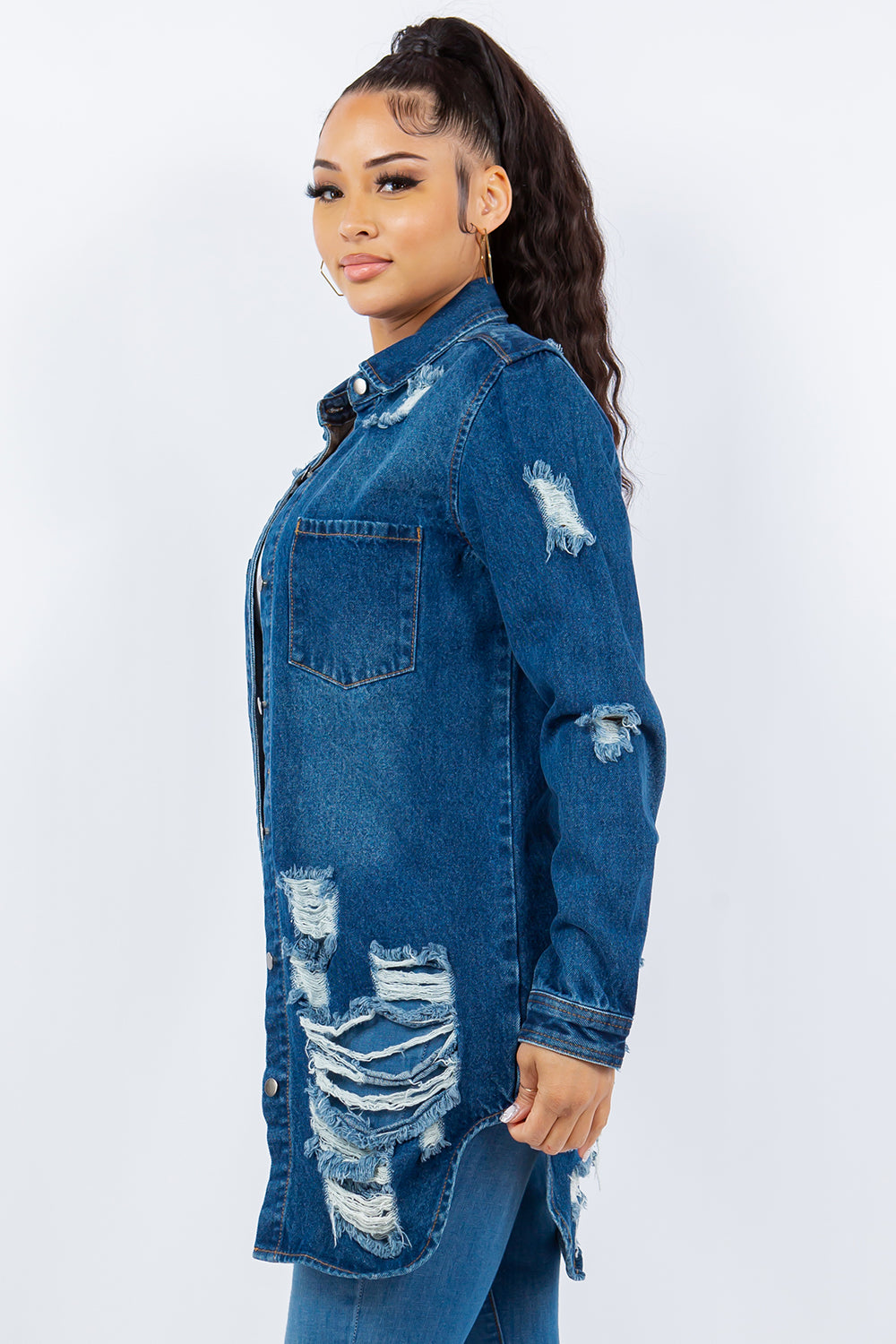 American Bazi Distressed Button Up Long Sleeve Denim Jacket - Luxe4Everyday Jacket