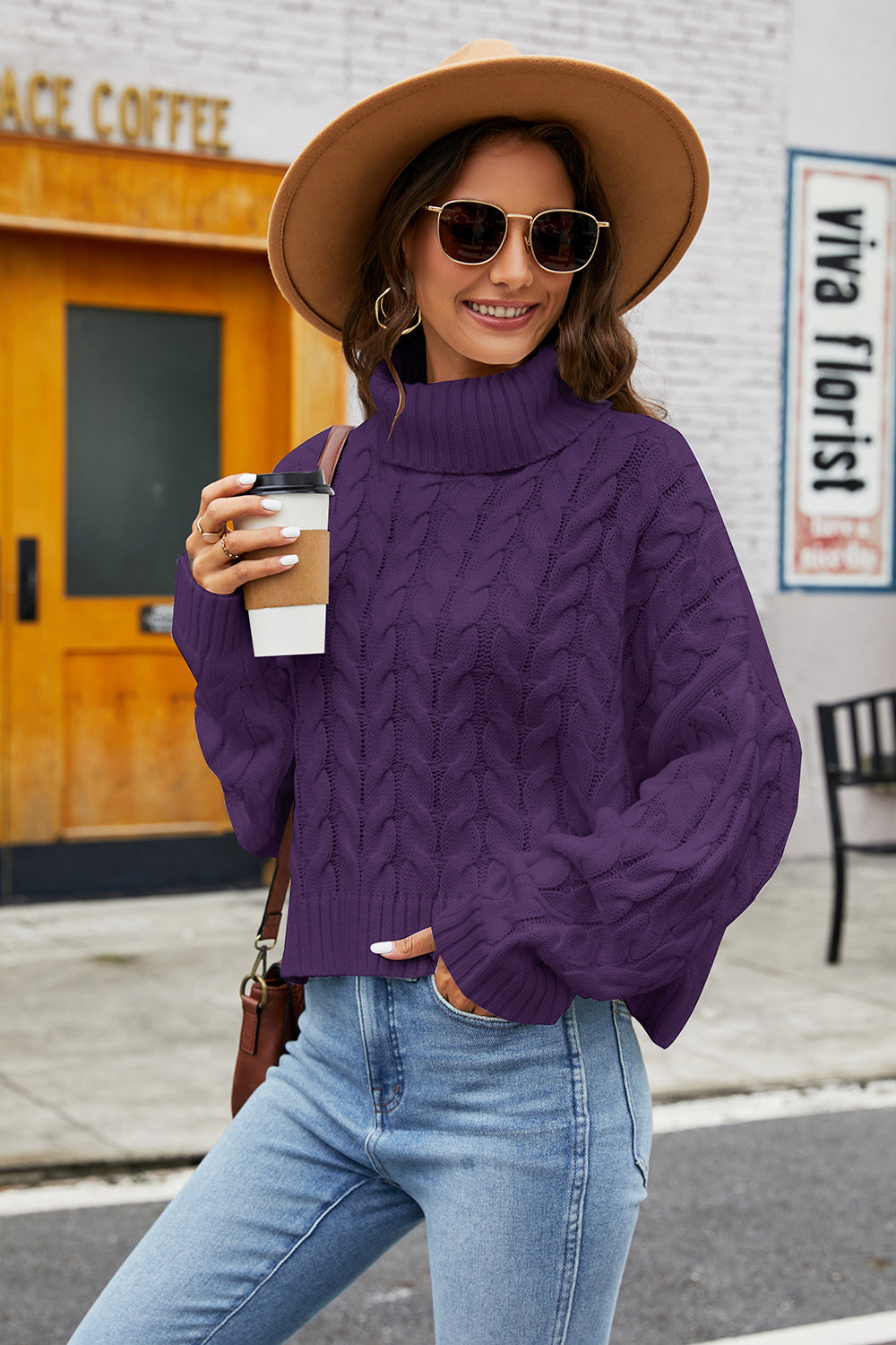 Turtleneck Cable-Knit Long Sleeve Sweater - Luxe4Everyday Plum / S Sweater