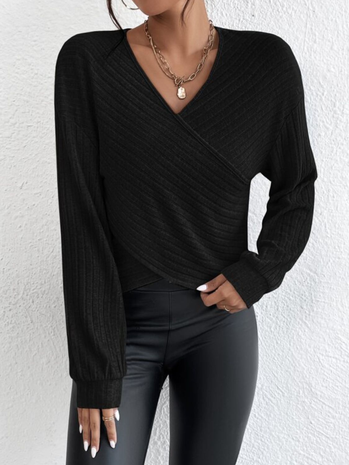 Surplice Dropped Shoulder Long Sleeve T-Shirt - Luxe4Everyday Dust Storm / S Shirt