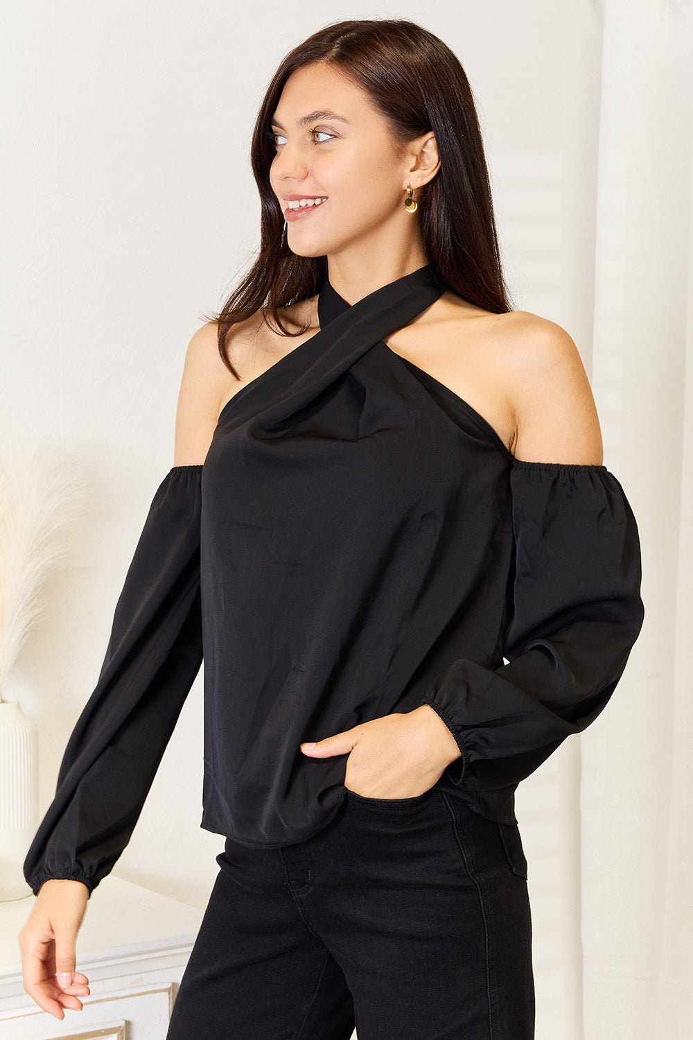 Perfee Grecian Cold Shoulder Long Sleeve Blouse - Luxe4Everyday Shirt