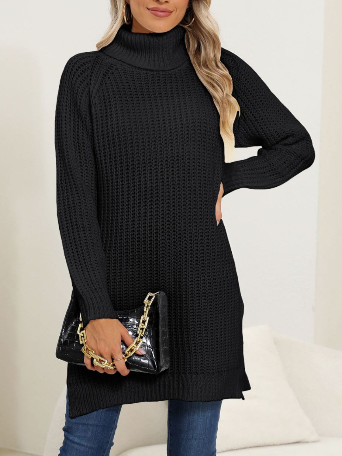 Slit Turtleneck Long Sleeve Sweater - Luxe4Everyday Black / S Sweater