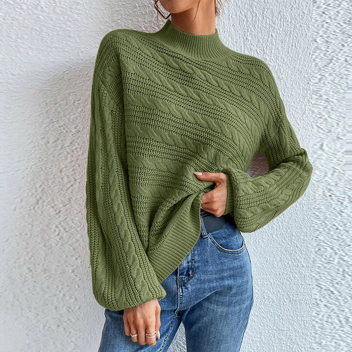 Cable-Knit Mock Neck Long Sleeve Sweater - Luxe4Everyday Matcha Green / S Sweater