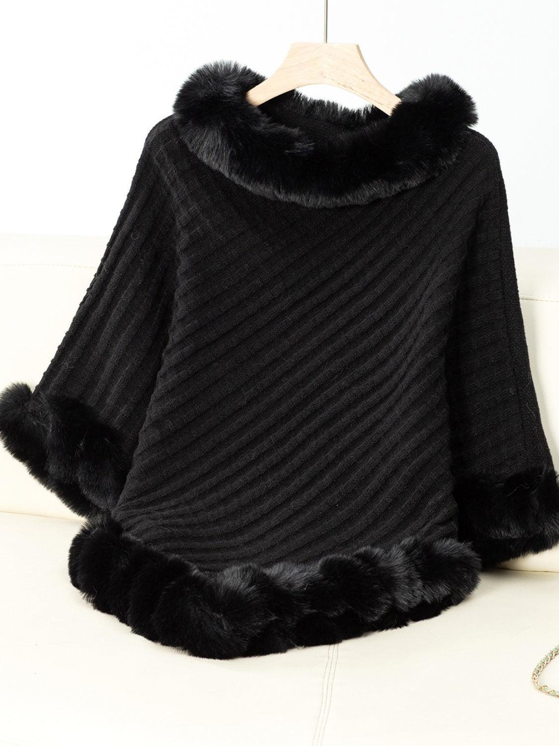 Fuzzy Trim Texture Three-Quarter Sleeve Poncho - Luxe4Everyday Black / One Size Jacket