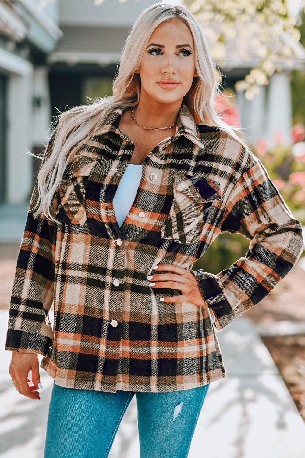 Plaid Button Front Shirt Jacket with Breast Pockets - Luxe4Everyday Blue / S Jacket