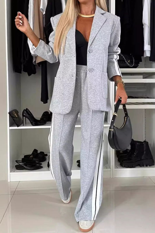 Full Size Contrast Lapel Collar Top and Pants Set - Luxe4Everyday Light Gray / S Two-piece set