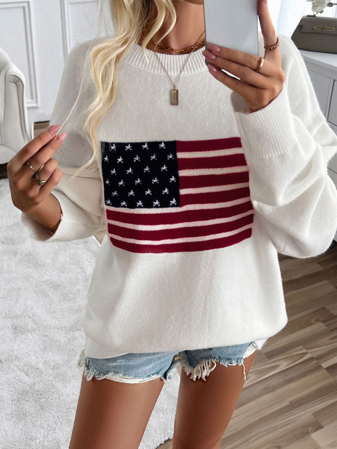 Devine US Flag Round Neck Long Sleeve Knit Top - Luxe4Everyday White / S Sweater