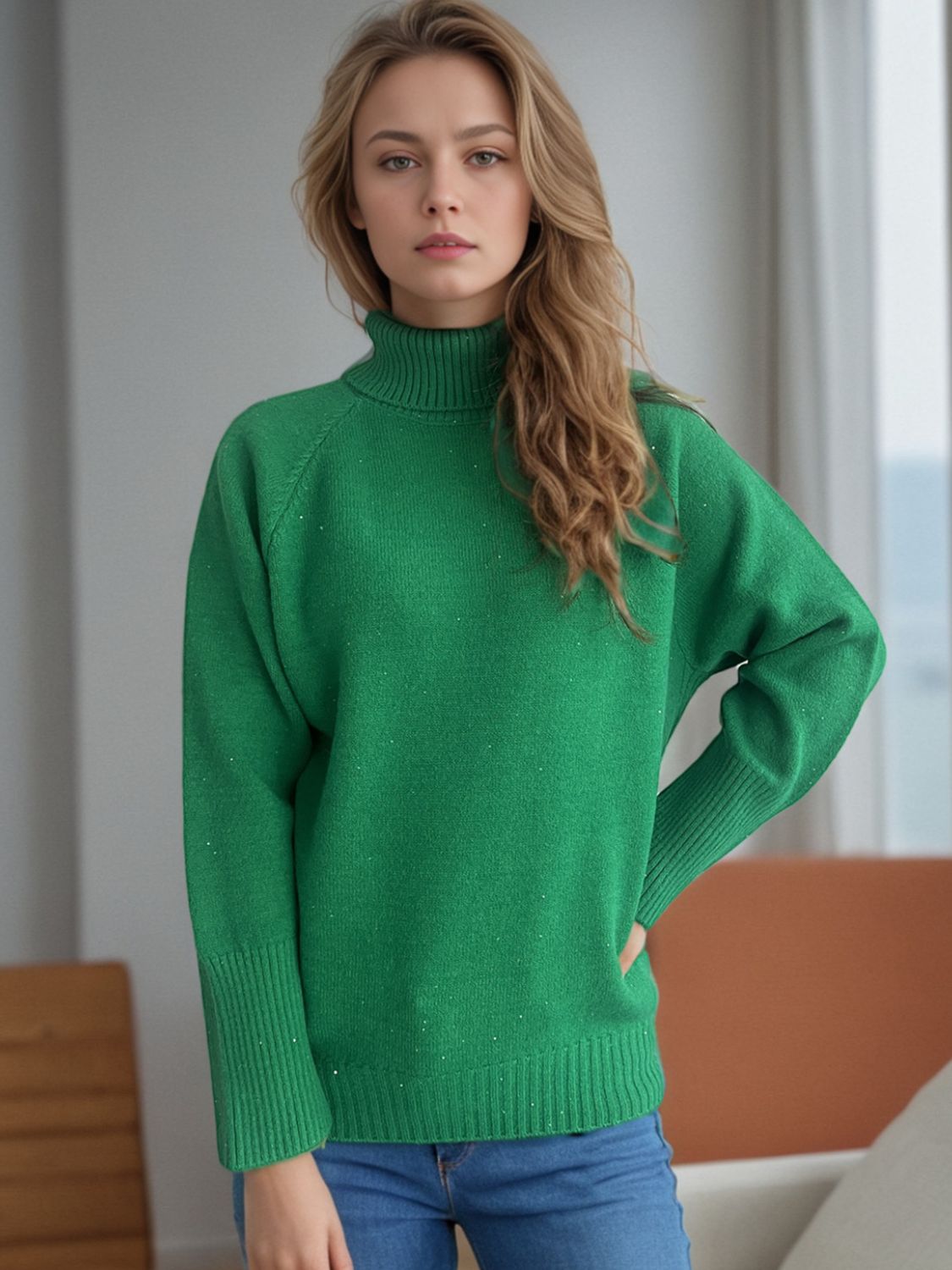 Turtleneck Raglan Sleeve Sweater - Luxe4Everyday Dark Green / One Size Sweater